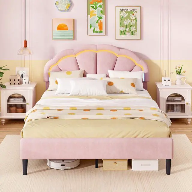 Alt view image 3 of 7 - SlickBlue Upholstered LED Bed Frame with Adjustable Flower Headboard and Metal Support Feet Pink-Queen Size