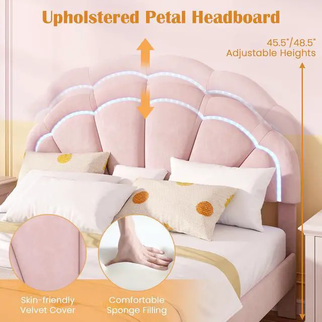 Alt view image 6 of 7 - SlickBlue Upholstered LED Bed Frame with Adjustable Flower Headboard and Metal Support Feet Pink-Queen Size