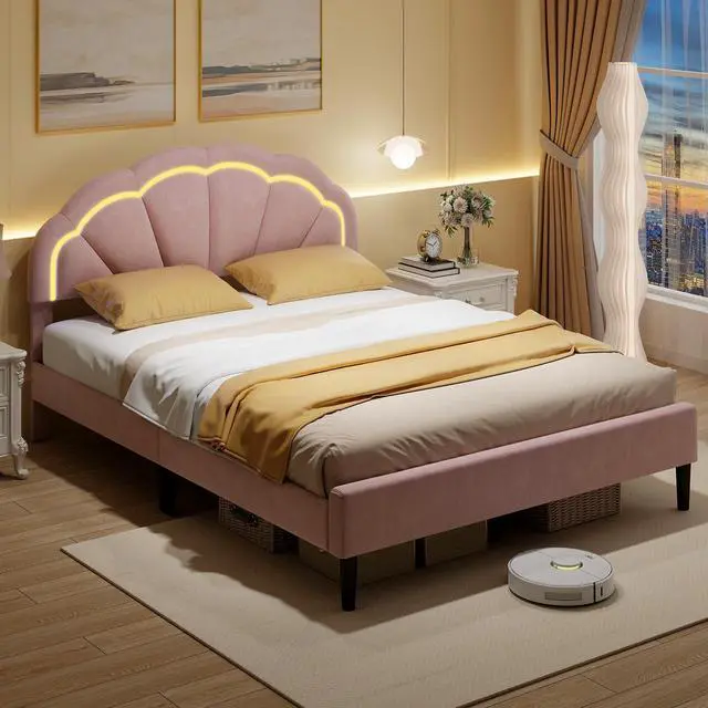 Alt view image 5 of 7 - SlickBlue Upholstered LED Bed Frame with Adjustable Flower Headboard and Metal Support Feet Pink-Queen Size