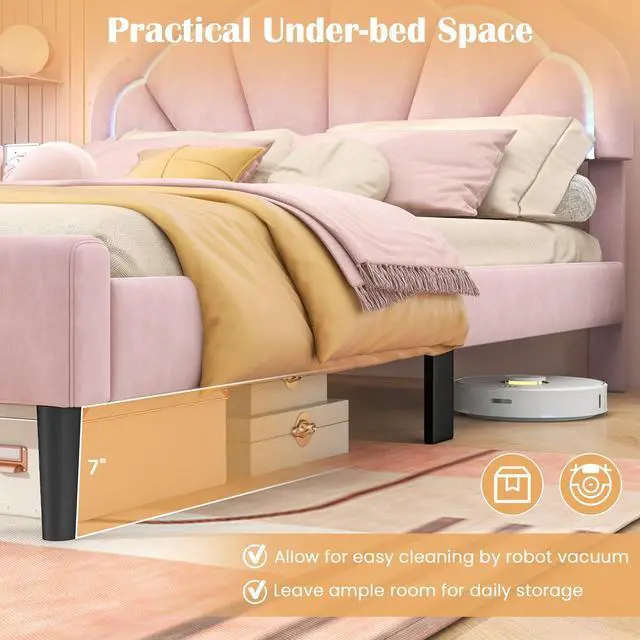 Alt view image 7 of 7 - SlickBlue Upholstered LED Bed Frame with Adjustable Flower Headboard and Metal Support Feet Pink-Queen Size