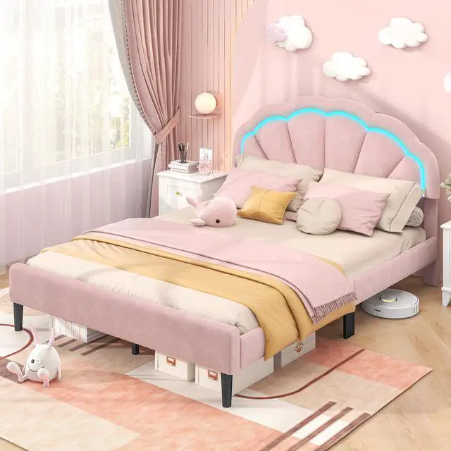 Alt view image 2 of 7 - SlickBlue Upholstered LED Bed Frame with Adjustable Flower Headboard and Metal Support Feet Pink-Queen Size
