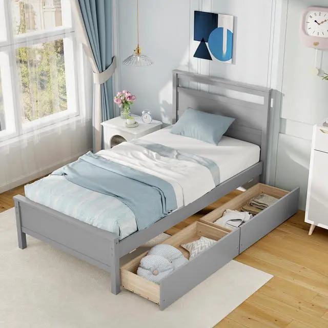 Alt view image 3 of 7 - SlickBlue Twin Size Wooden Bed Frame with 2 Drawers for Teens and Adults
