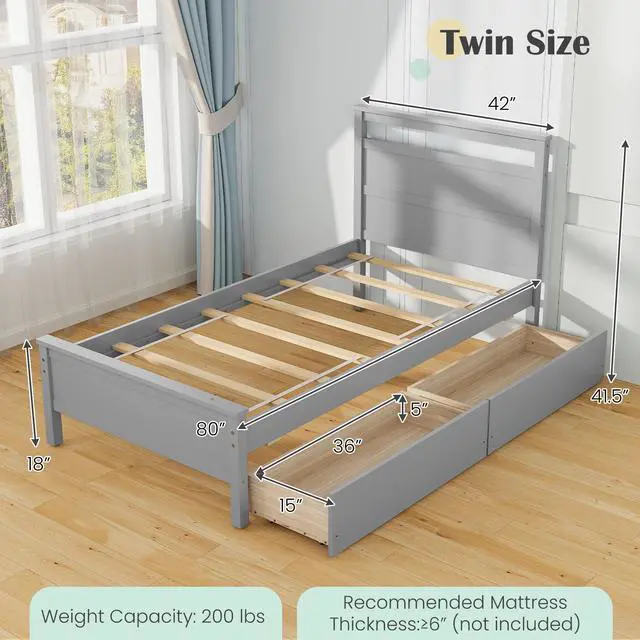 Alt view image 4 of 7 - SlickBlue Twin Size Wooden Bed Frame with 2 Drawers for Teens and Adults