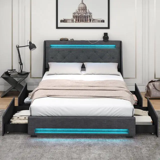 Alt view image 2 of 7 - SlickBlue Full Size Bed Frame with LED Lights Wingback Headboard and Charging Station-Grey