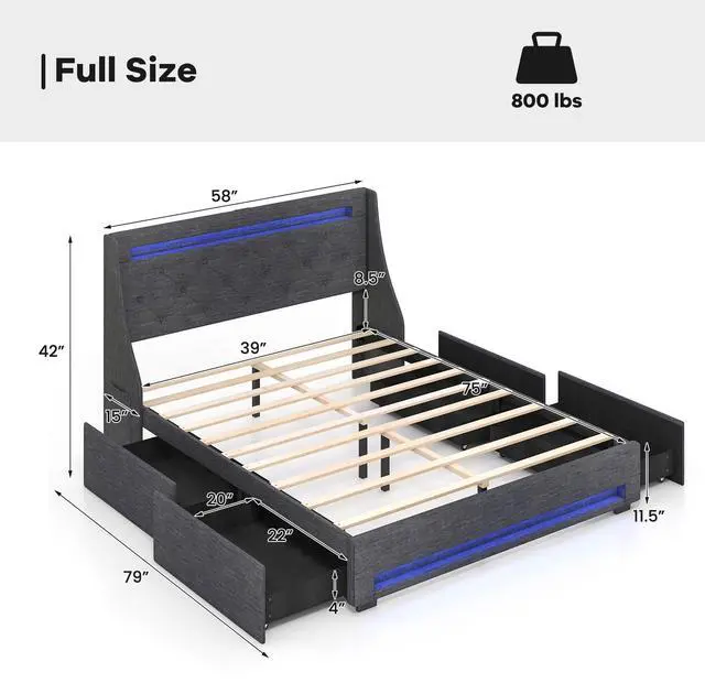 Alt view image 4 of 7 - SlickBlue Full Size Bed Frame with LED Lights Wingback Headboard and Charging Station-Grey