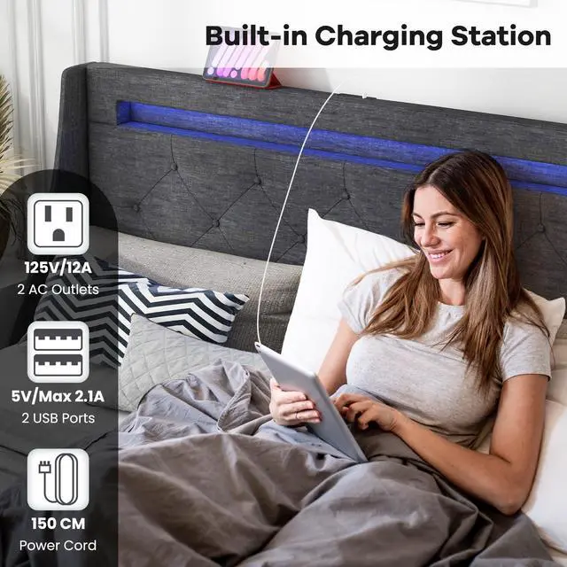Alt view image 6 of 7 - SlickBlue Full Size Bed Frame with LED Lights Wingback Headboard and Charging Station-Grey