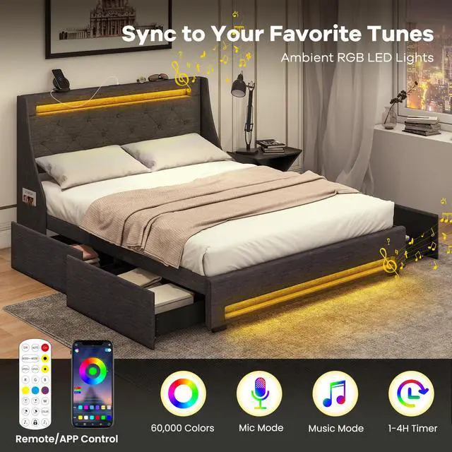 Alt view image 5 of 7 - SlickBlue Full Size Bed Frame with LED Lights Wingback Headboard and Charging Station-Grey