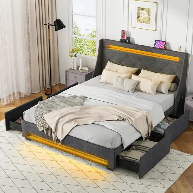 Alt view image 3 of 7 - SlickBlue Full Size Bed Frame with LED Lights Wingback Headboard and Charging Station-Grey