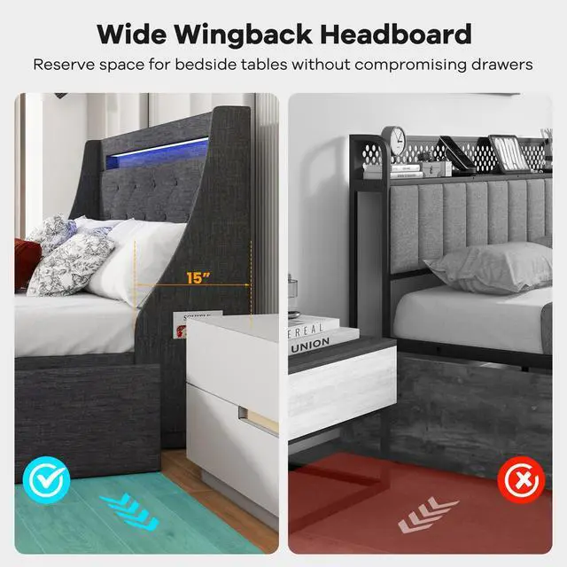 Alt view image 7 of 7 - SlickBlue Full Size Bed Frame with LED Lights Wingback Headboard and Charging Station-Grey