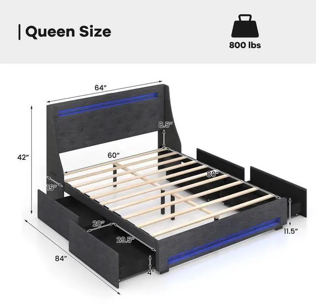 Alt view image 4 of 7 - SlickBlue Queen Size Upholstered Platform Bed Frame with LED Lights and Charging Station-Grey