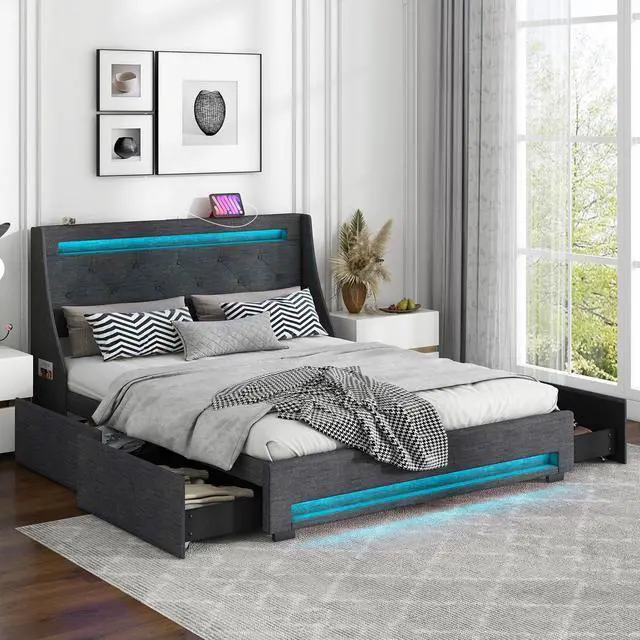 Alt view image 3 of 7 - SlickBlue Queen Size Upholstered Platform Bed Frame with LED Lights and Charging Station-Grey
