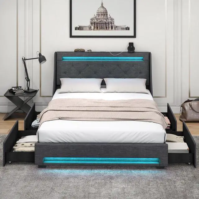 Alt view image 2 of 7 - SlickBlue Queen Size Upholstered Platform Bed Frame with LED Lights and Charging Station-Grey