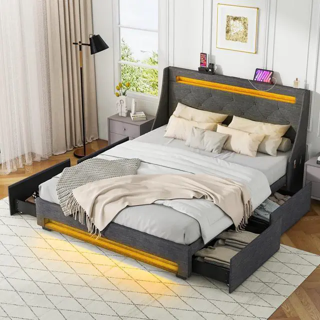 Alt view image 5 of 7 - SlickBlue Queen Size Upholstered Platform Bed Frame with LED Lights and Charging Station-Grey