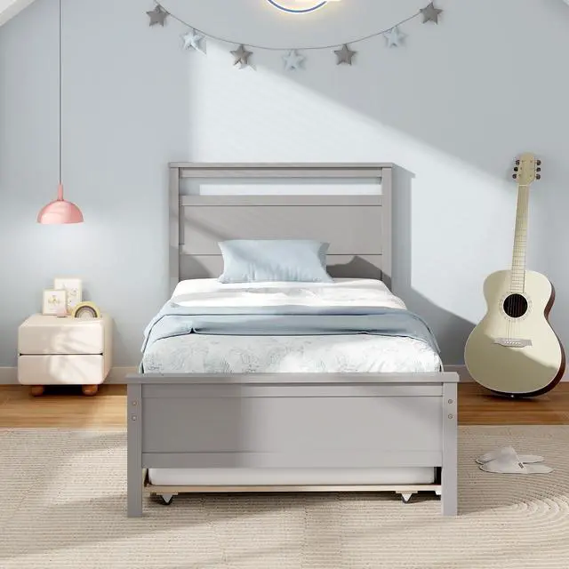 Alt view image 3 of 7 - SlickBlue Twin Size Wooden Bed Frame with Trundle for Teens and Adults