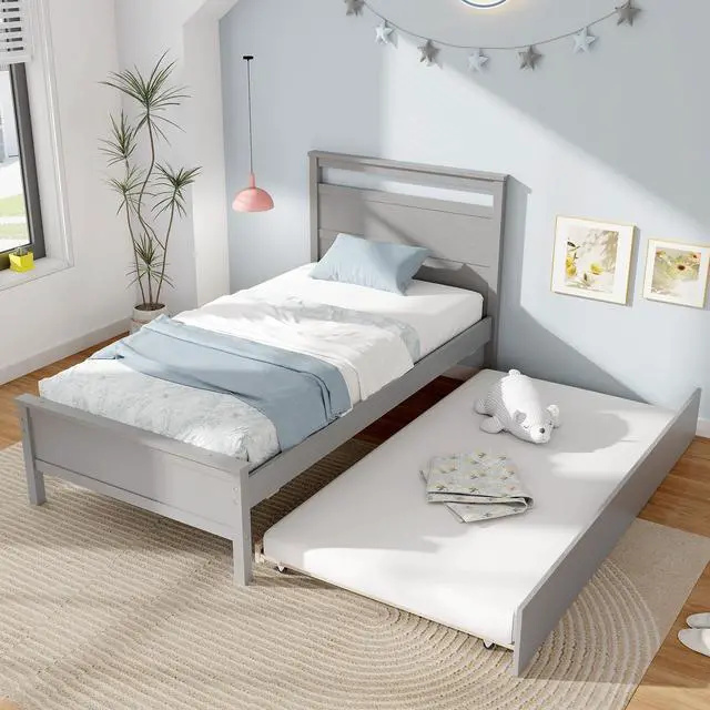 Alt view image 2 of 7 - SlickBlue Twin Size Wooden Bed Frame with Trundle for Teens and Adults