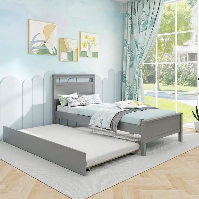 Alt view image 6 of 7 - SlickBlue Twin Size Wooden Bed Frame with Trundle for Teens and Adults