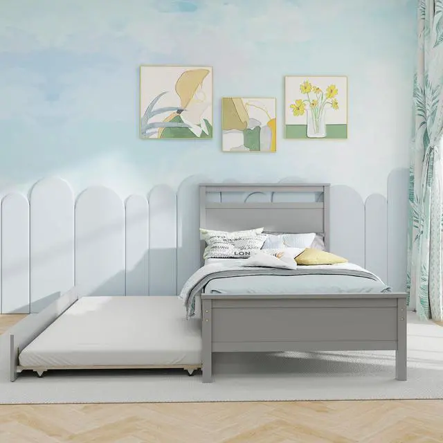 Alt view image 7 of 7 - SlickBlue Twin Size Wooden Bed Frame with Trundle for Teens and Adults