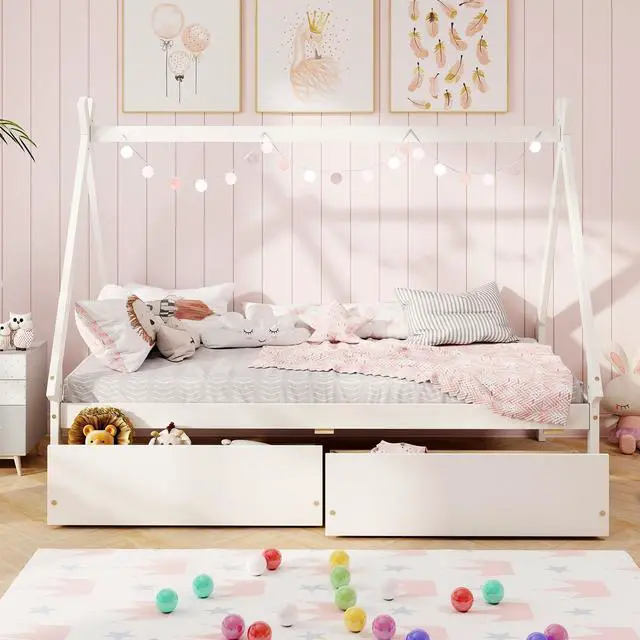 Alt view image 3 of 7 - SlickBlue Twin Size Wooden Tent Platform House Bed with 2 Drawers