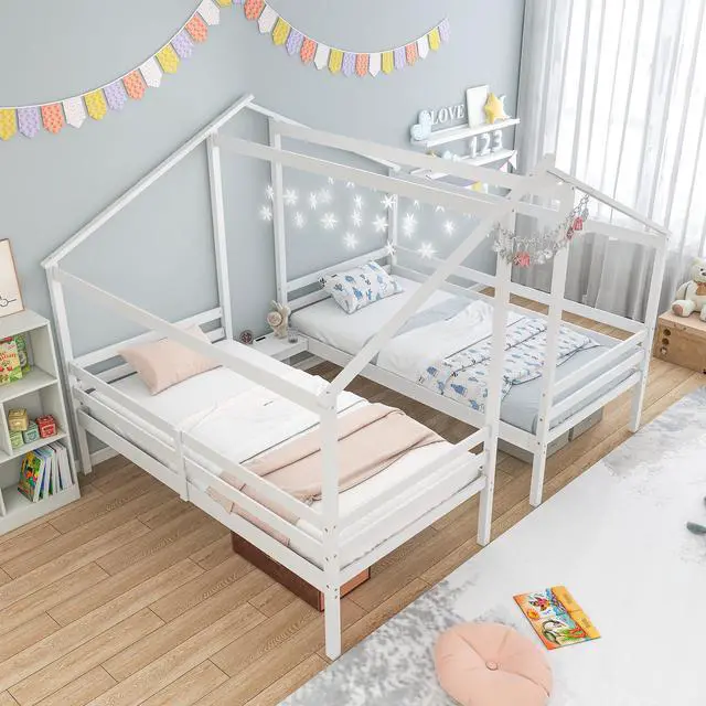 Alt view image 3 of 7 - SlickBlue Double Twin Size Wooden Bed Frames with Built-in Table for Kids-White