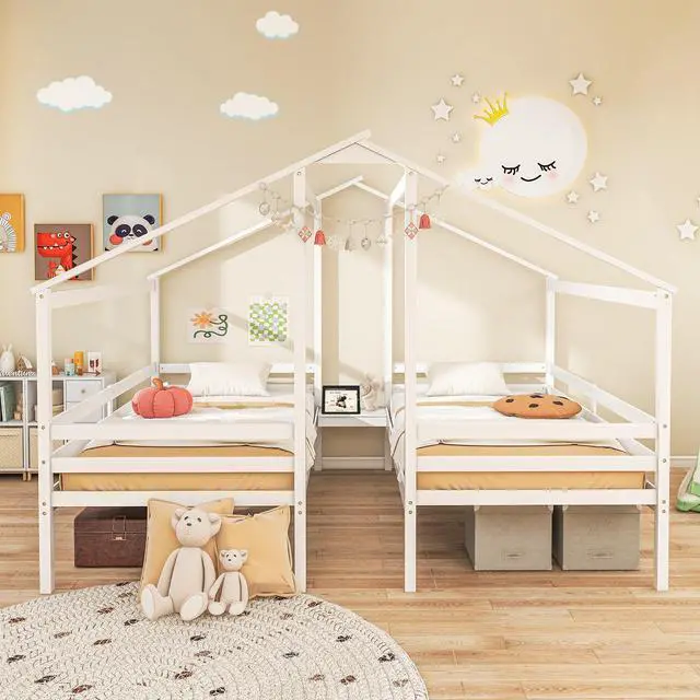 Alt view image 2 of 7 - SlickBlue Double Twin Size Wooden Bed Frames with Built-in Table for Kids-White