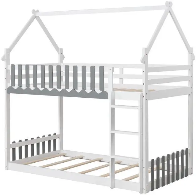 Main image of SlickBlue Twin Over Twin Bunk Bed with Fence and Ladder for Kids