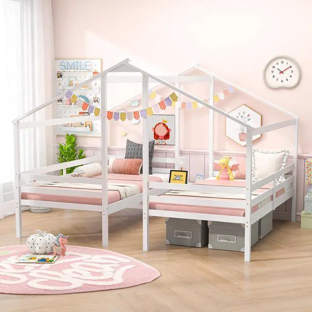 Alt view image 6 of 7 - SlickBlue Double Twin Size Wooden Bed Frames with Built-in Table for Kids-White