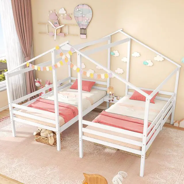 Alt view image 5 of 7 - SlickBlue Double Twin Size Wooden Bed Frames with Built-in Table for Kids-White
