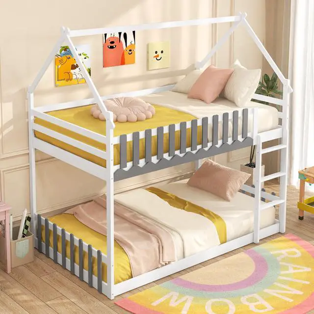 Alt view image 3 of 7 - SlickBlue Twin Over Twin Bunk Bed with Fence and Ladder for Kids