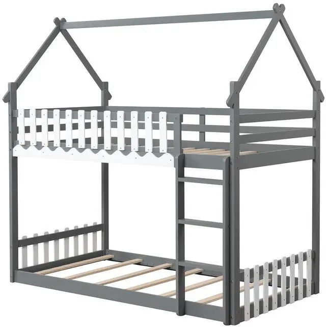 Main image of SlickBlue Twin Over Twin Bunk Bed with Fence and Ladder for Kids