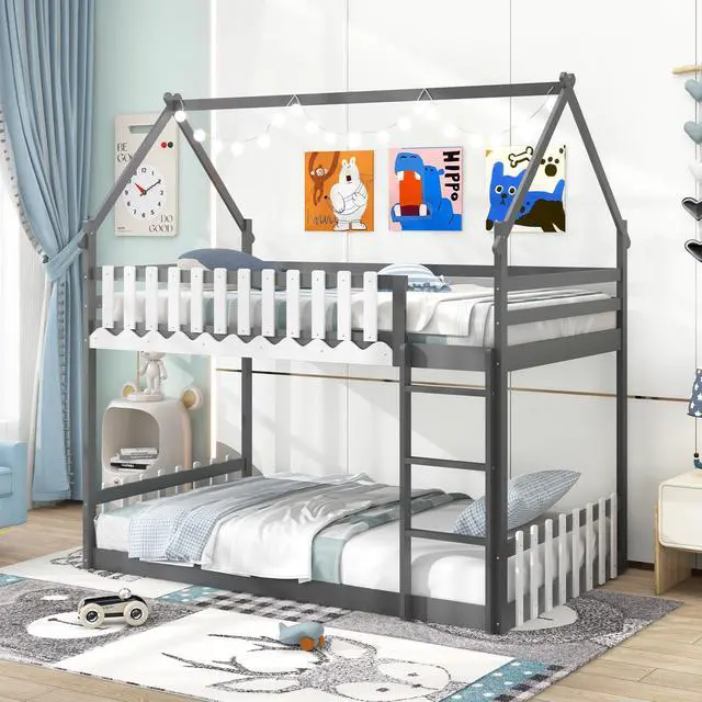 Alt view image 2 of 7 - SlickBlue Twin Over Twin Bunk Bed with Fence and Ladder for Kids