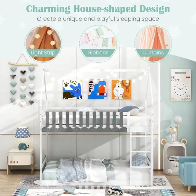 Alt view image 6 of 7 - SlickBlue Twin Over Twin Bunk Bed with Fence and Ladder for Kids