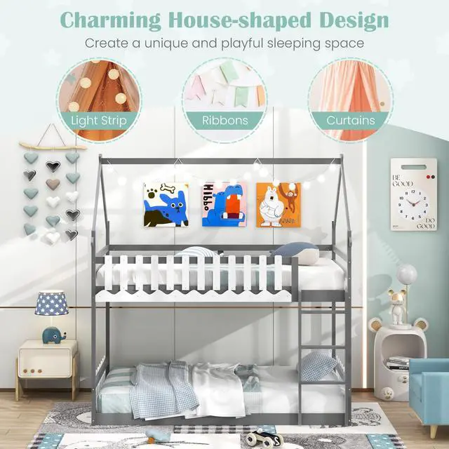 Alt view image 6 of 7 - SlickBlue Twin Over Twin Bunk Bed with Fence and Ladder for Kids