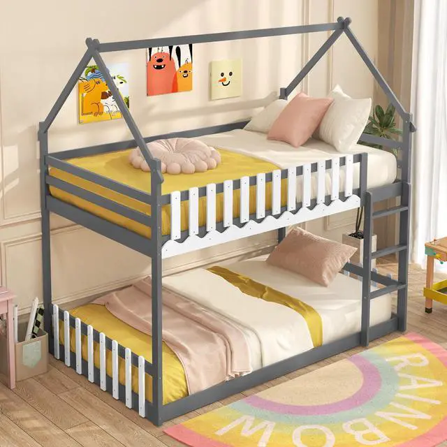Alt view image 3 of 7 - SlickBlue Twin Over Twin Bunk Bed with Fence and Ladder for Kids
