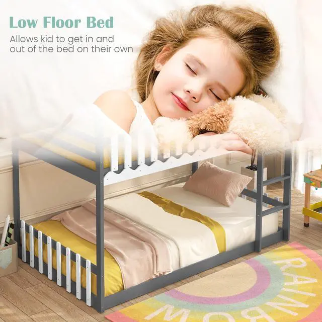 Alt view image 7 of 7 - SlickBlue Twin Over Twin Bunk Bed with Fence and Ladder for Kids