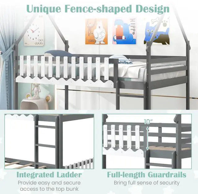 Alt view image 5 of 7 - SlickBlue Twin Over Twin Bunk Bed with Fence and Ladder for Kids