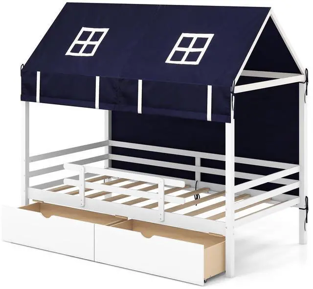 Main image of SlickBlue Twin House Bed with Tent and 2 Storage Drawers for Kids-White