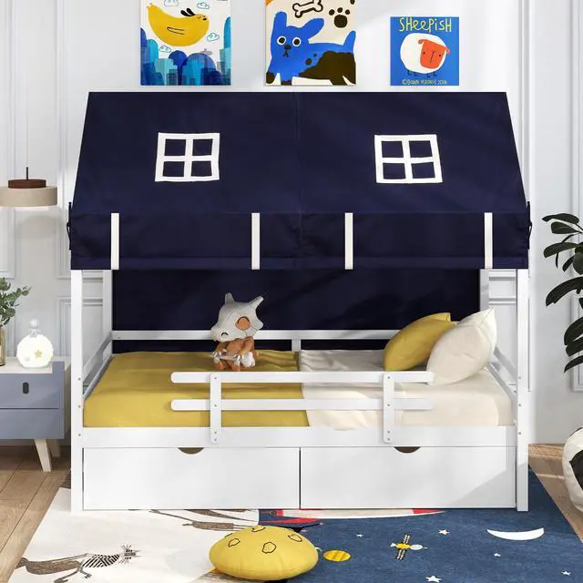Alt view image 3 of 7 - SlickBlue Twin House Bed with Tent and 2 Storage Drawers for Kids-White