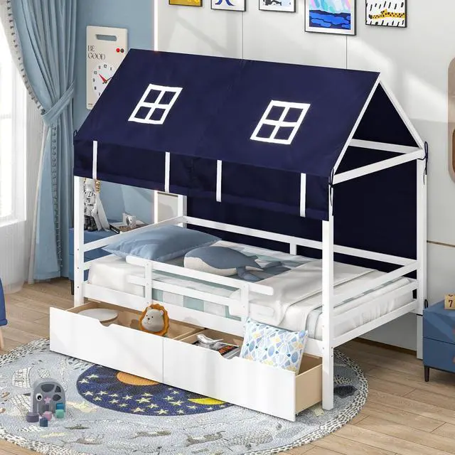 Alt view image 2 of 7 - SlickBlue Twin House Bed with Tent and 2 Storage Drawers for Kids-White