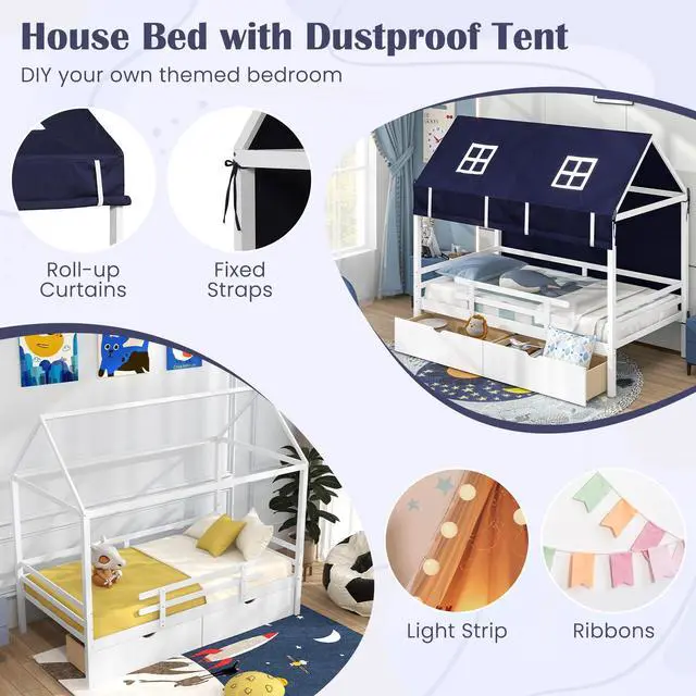 Alt view image 7 of 7 - SlickBlue Twin House Bed with Tent and 2 Storage Drawers for Kids-White