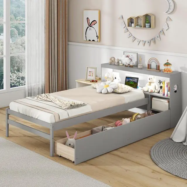 Alt view image 2 of 7 - SlickBlue Twin Size Bed Frame with LED Light and Bookcase Headboard