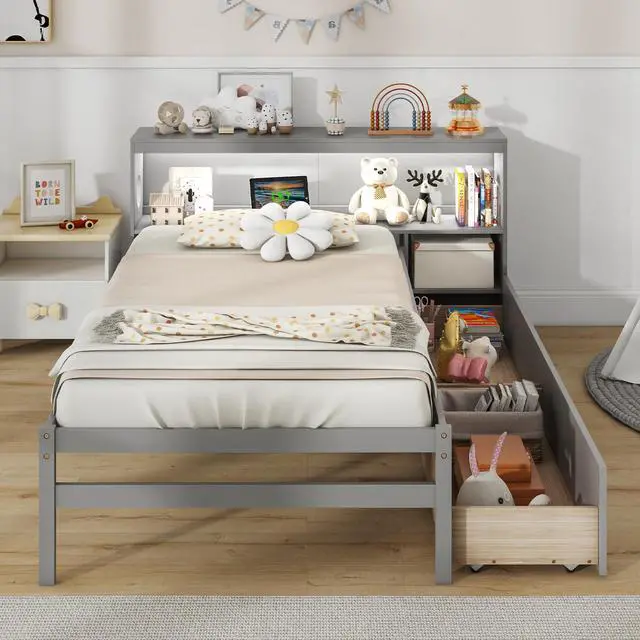 Alt view image 3 of 7 - SlickBlue Twin Size Bed Frame with LED Light and Bookcase Headboard