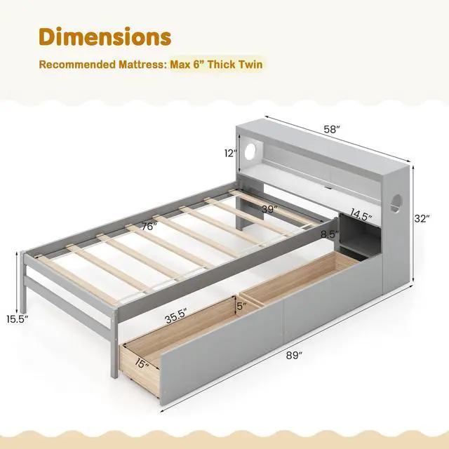 Alt view image 4 of 7 - SlickBlue Twin Size Bed Frame with LED Light and Bookcase Headboard