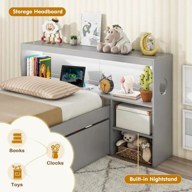 Alt view image 6 of 7 - SlickBlue Twin Size Bed Frame with LED Light and Bookcase Headboard