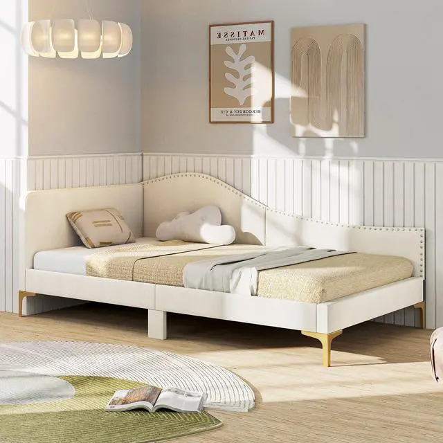 Alt view image 2 of 7 - SlickBlue Upholstered Daybed with Metal Legs and Wood Slats-Twin Size