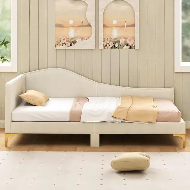 Alt view image 3 of 7 - SlickBlue Upholstered Daybed with Metal Legs and Wood Slats-Twin Size