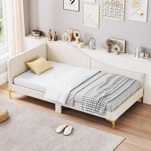 Alt view image 5 of 7 - SlickBlue Upholstered Daybed with Metal Legs and Wood Slats-Twin Size