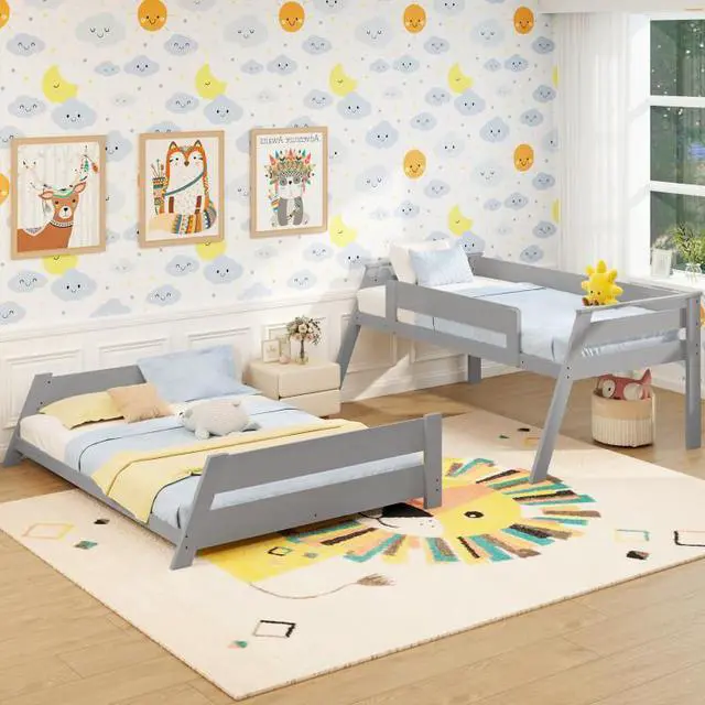 Alt view image 5 of 7 - SlickBlue Twin Over Full Low Bunk Bed with Reversible Ladder