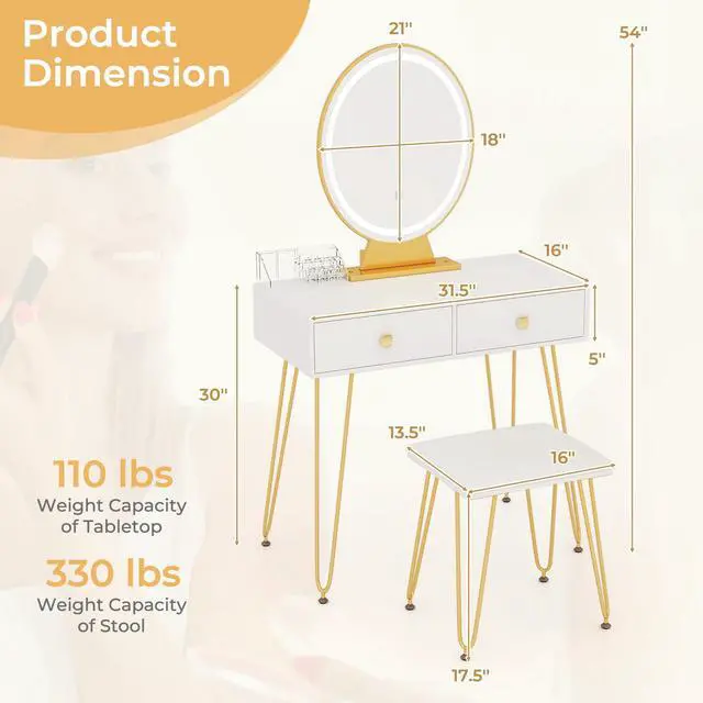 Alt view image 5 of 7 - SlickBlue Industrial Makeup Dressing Table with 3 Lighting Modes-White