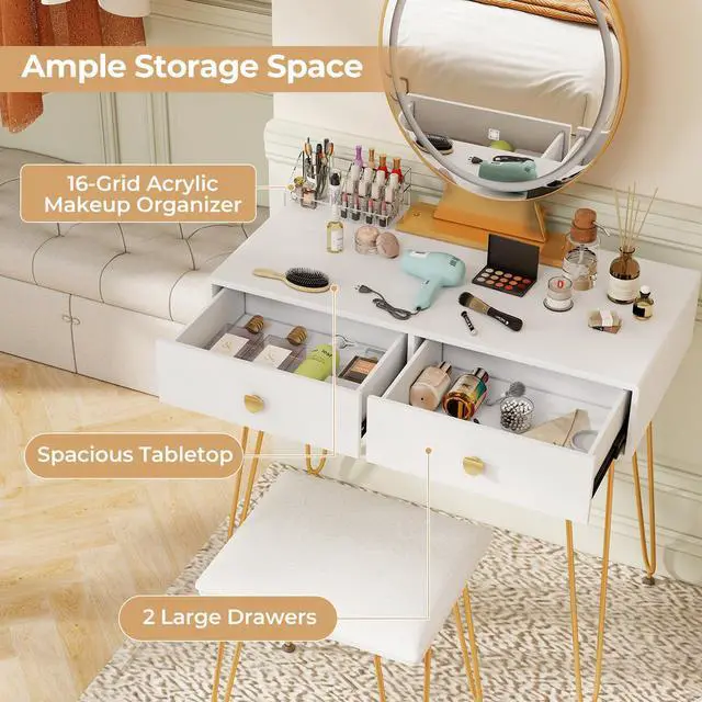Alt view image 7 of 7 - SlickBlue Industrial Makeup Dressing Table with 3 Lighting Modes-White