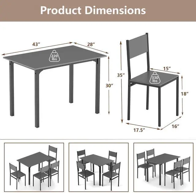 Alt view image 6 of 7 - SlickBlue 5 Piece Dining Table Set Industrial Style Kitchen Table and Chairs for 4-Grey